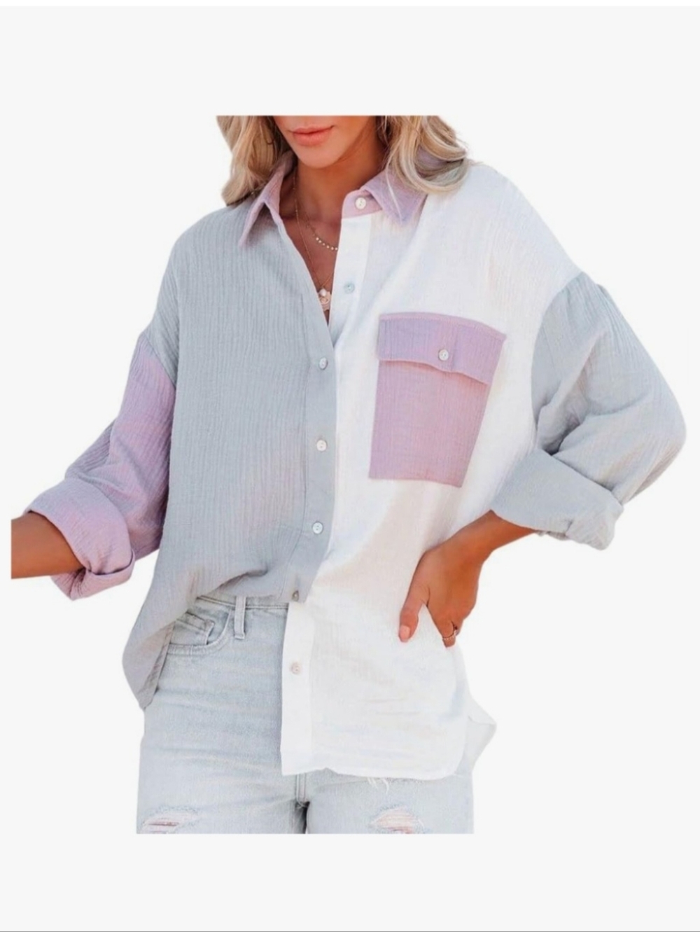 Colorblock Button-Front Long Sleeve Shirt - White, Light Gray & Lilac